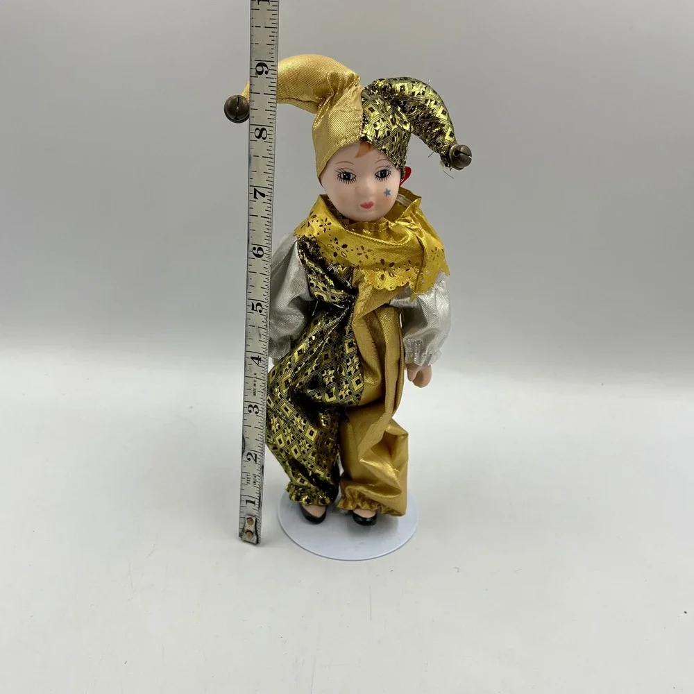Vintage Porcelain Harlequin Jester Doll Gold Silver Metallic 8.5 Inch with Stand